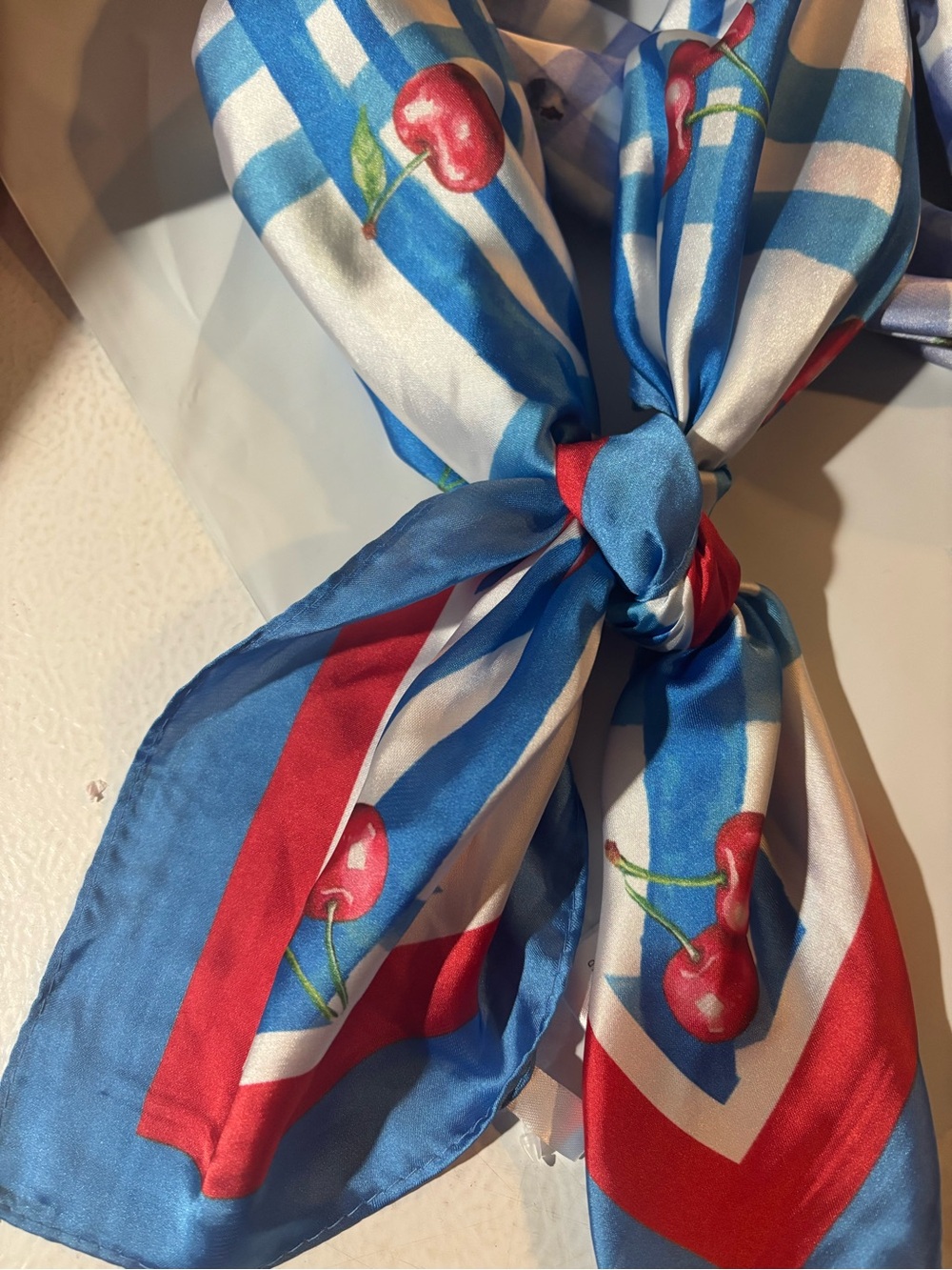 NWT La Valentina Blue & Red Cherry Print Silk-Feel Neck Scarf Set - Picture 4 of 6